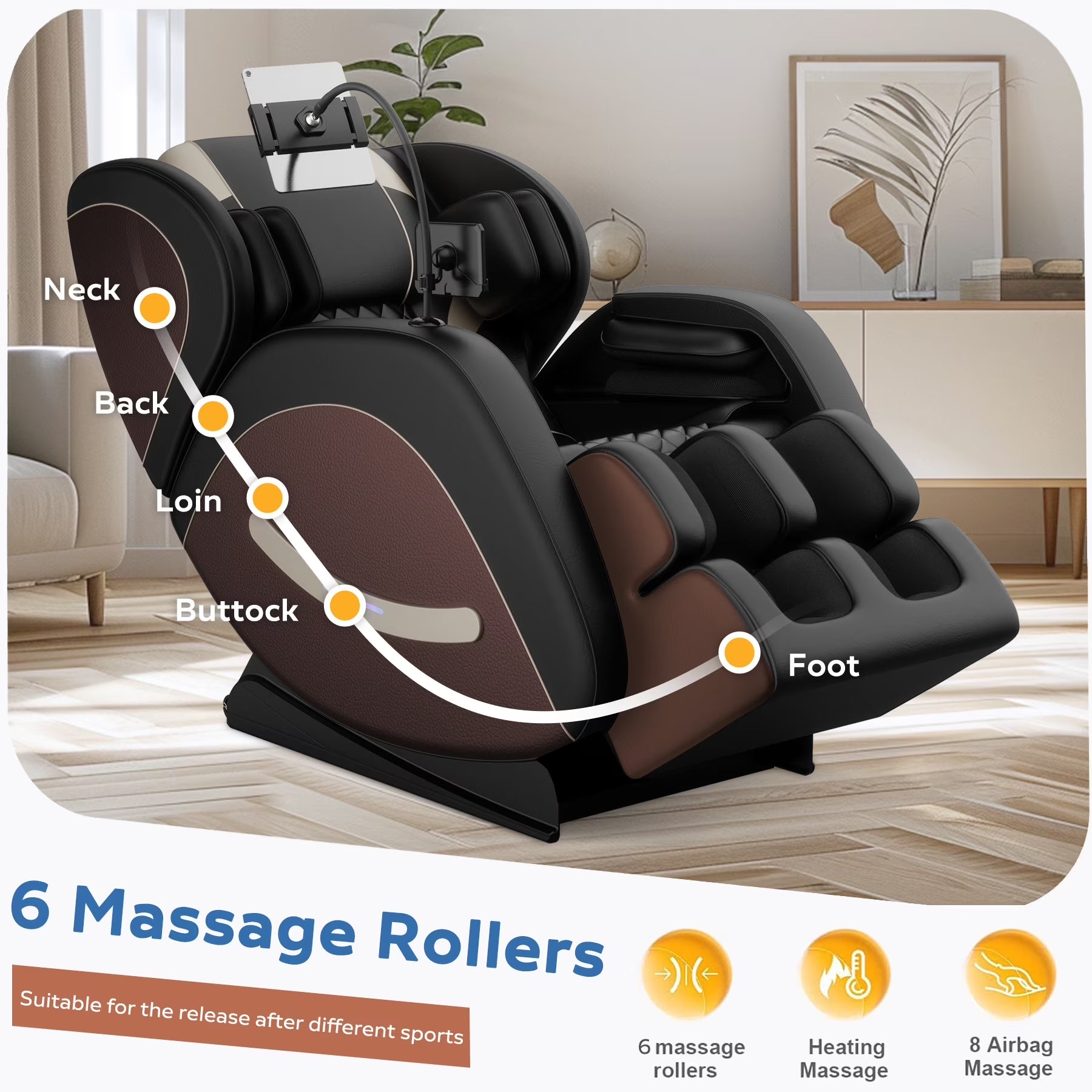Full Body Massage Chair Recliner with Zero Gravity, Leather Massage Chair with Air Pressure, 8 Massage Fix Rollers, Heating, Airbag, Bluetooth, Retractable Footrest for Relaxion, Brown+Black