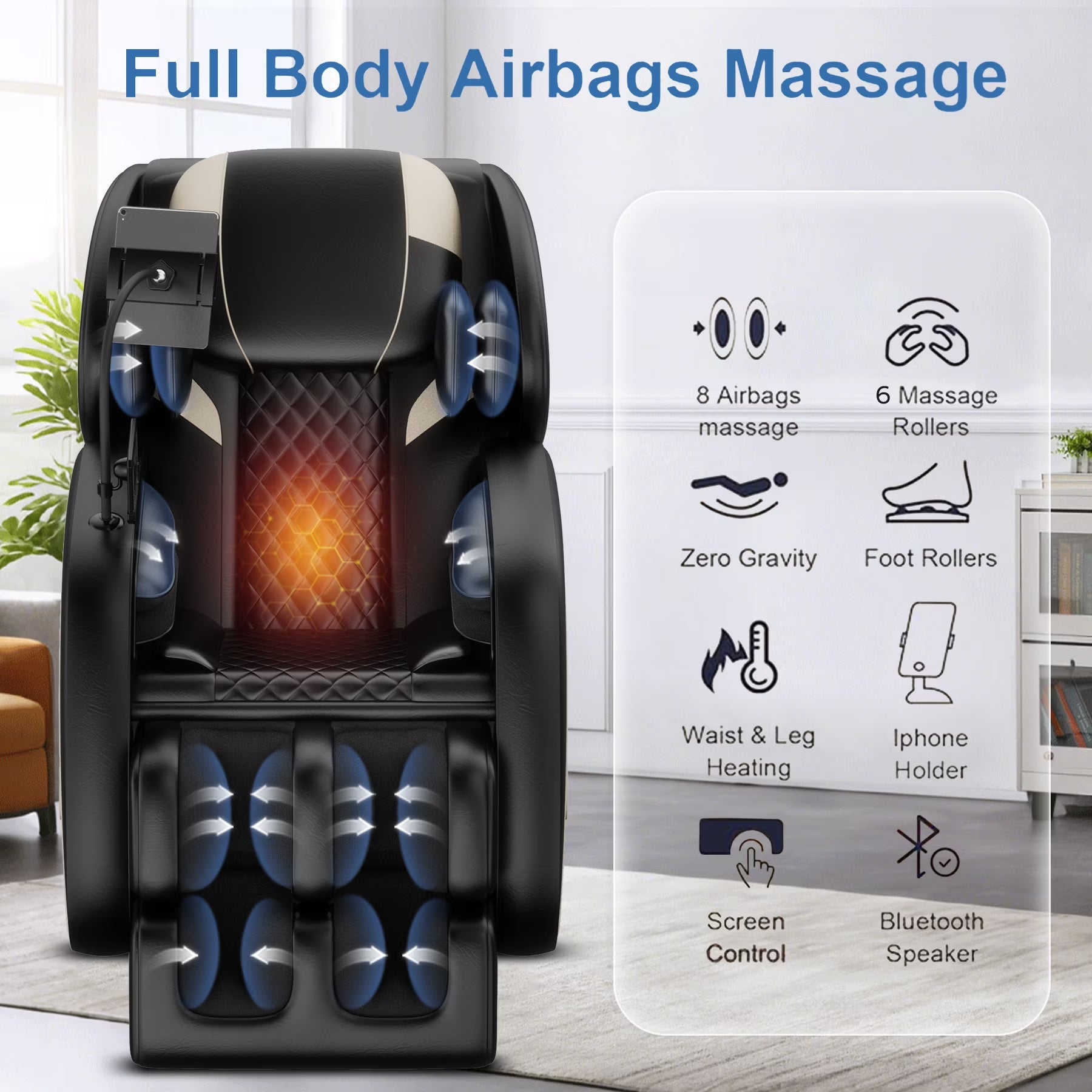 Full Body Massage Chair Recliner with Zero Gravity, Leather Massage Chair with Air Pressure, 8 Massage Fix Rollers, Heating, Airbag, Bluetooth, Retractable Footrest for Relaxion, Brown+Black