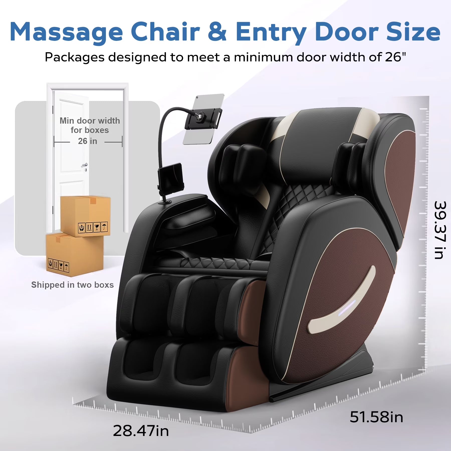 Full Body Massage Chair Recliner with Zero Gravity, Leather Massage Chair with Air Pressure, 8 Massage Fix Rollers, Heating, Airbag, Bluetooth, Retractable Footrest for Relaxion, Brown+Black