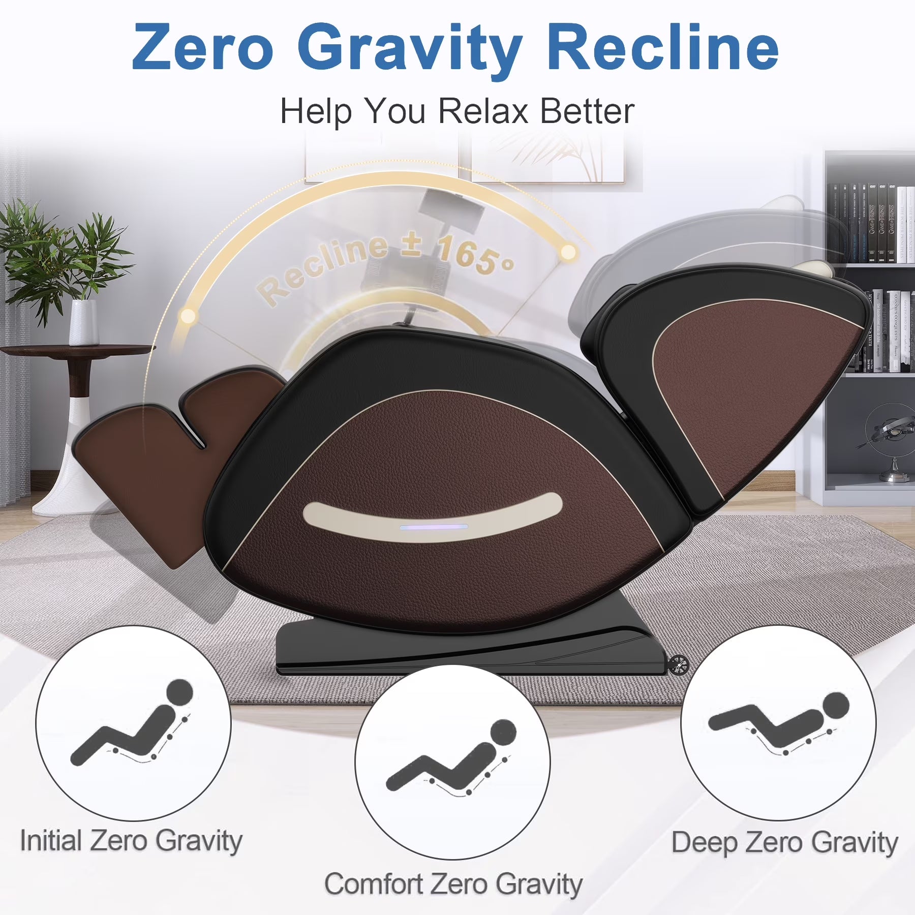 Full Body Massage Chair Recliner with Zero Gravity, Leather Massage Chair with Air Pressure, 8 Massage Fix Rollers, Heating, Airbag, Bluetooth, Retractable Footrest for Relaxion, Brown+Black