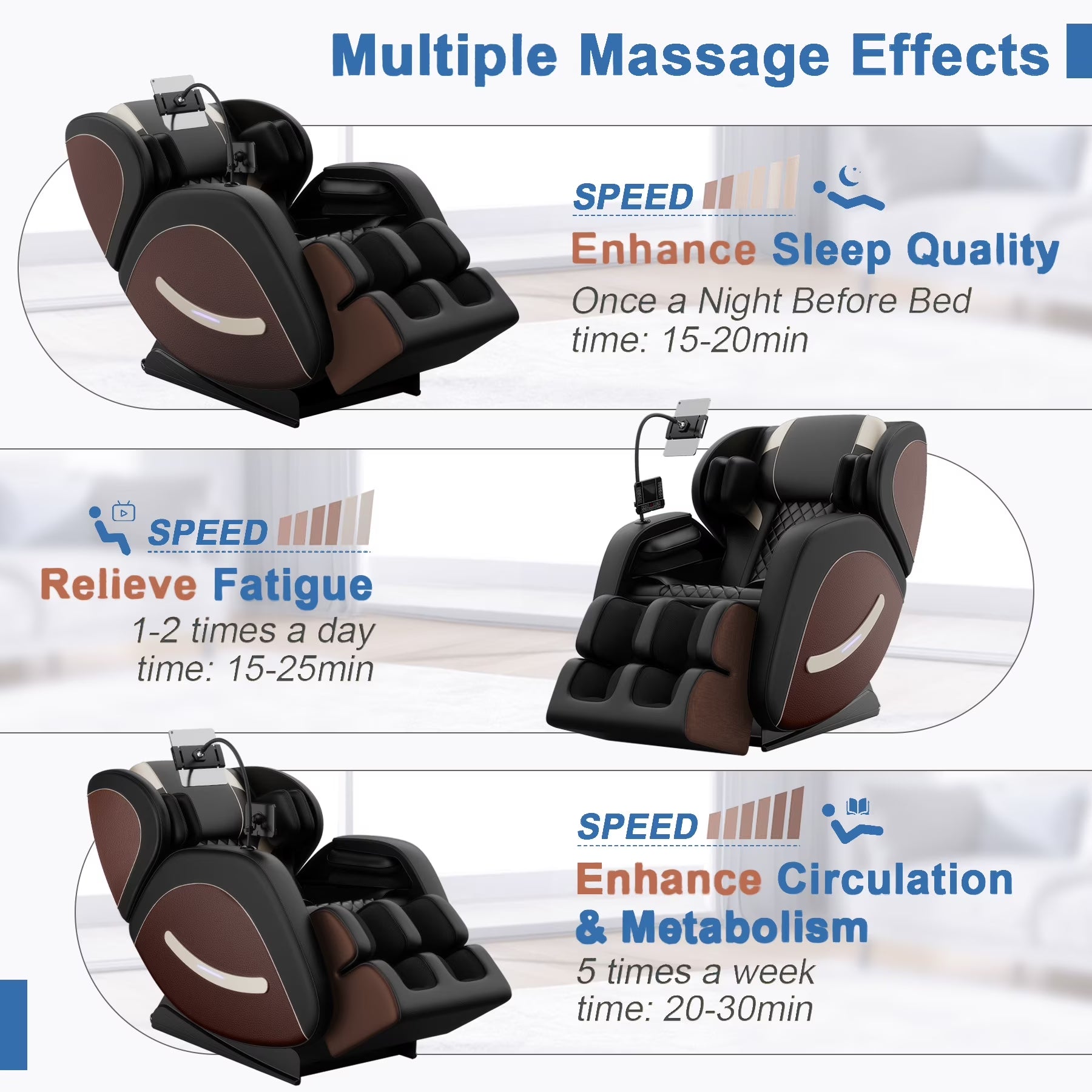 Full Body Massage Chair Recliner with Zero Gravity, Leather Massage Chair with Air Pressure, 8 Massage Fix Rollers, Heating, Airbag, Bluetooth, Retractable Footrest for Relaxion, Brown+Black